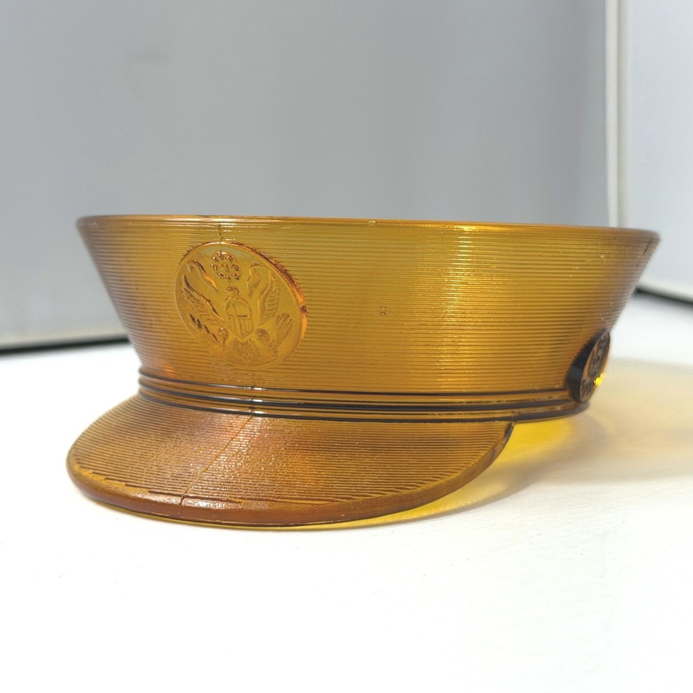 Vintage Military Service Cap Glass Bowl Amber Orange Eagle